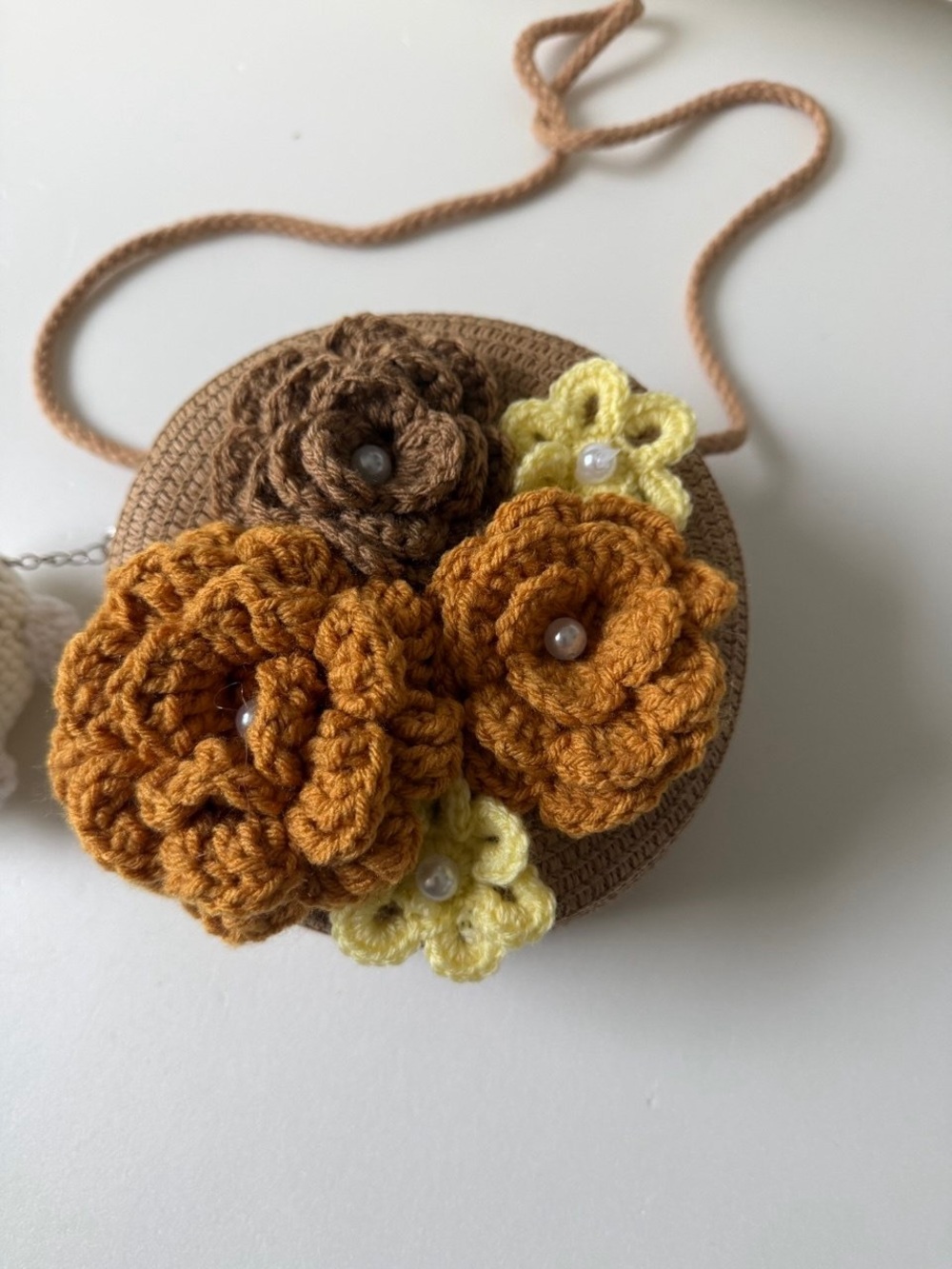 Handmade Brown & Mustard Crochet Floral Crossbody Bag